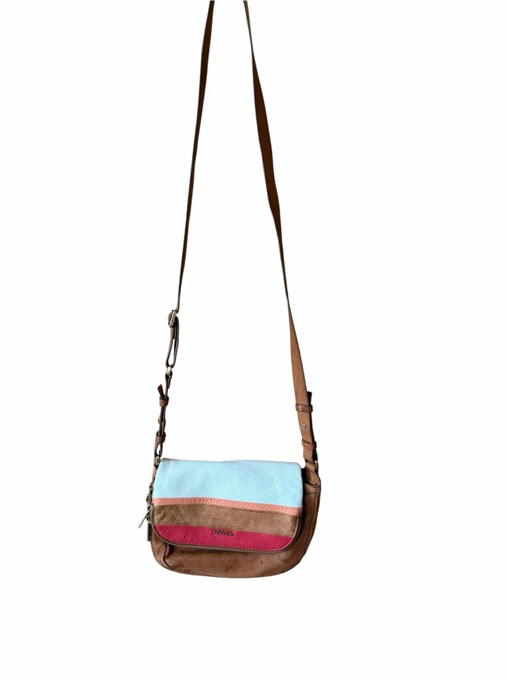 Fossil Preston Small Flap Crossbody Leather Bag Pink Red Brown Ivory‎ Striped